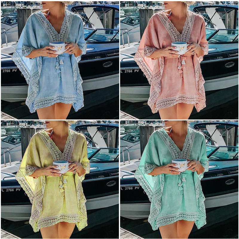 

Summer Boho Beach Solid Lace V-Neck Dress Collect Waist Casual Swimwear Kaftan Batwing Swimsuit Cover Up
