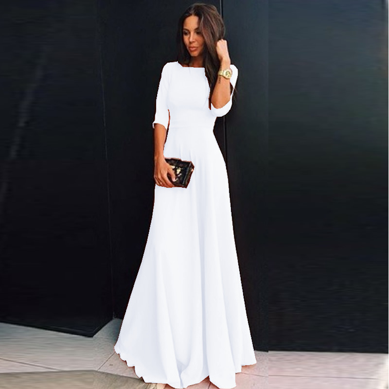 Summer Women Chiffon Dress Elegant Three Quarter Sleeve Long Dresses White Black Evening Party Dresses Robe Femme Vestidos