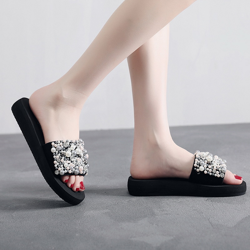 

SHUJIN Women Summer Platform Slide Sandals Pearl Casual Non-Slips Beach Slippers 2020 New Fashion, 3 cm high