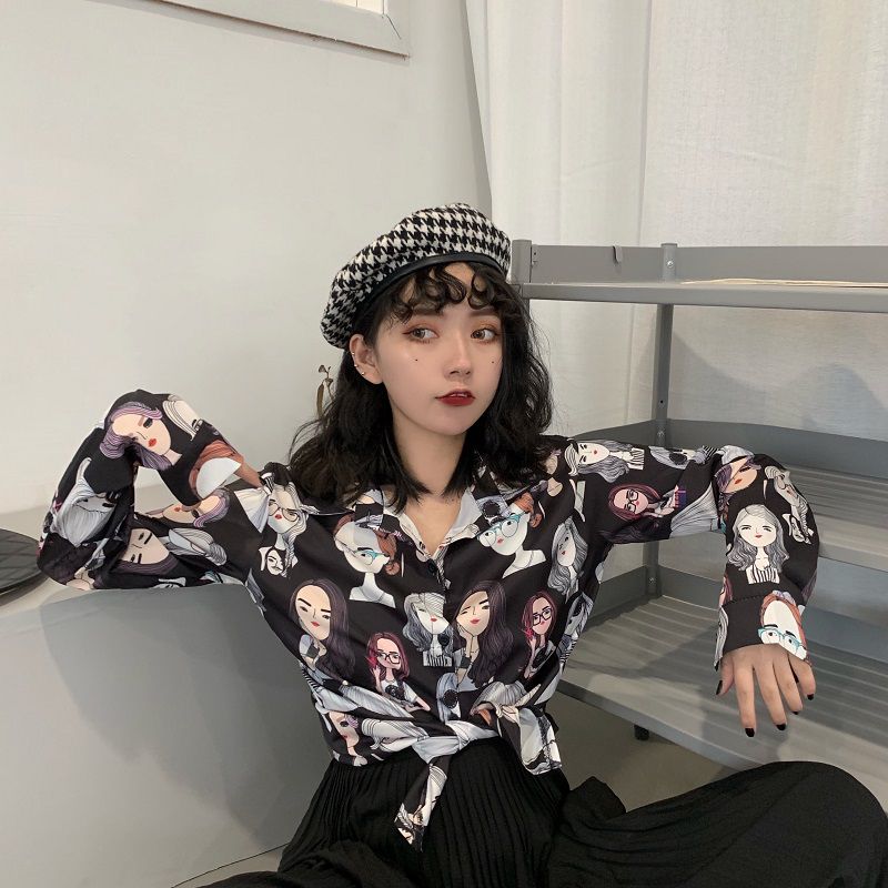 

blouse women Cotton Retro Temperament Floral Print Lapel Blouse Vintage Long Sleeve Casual women tops