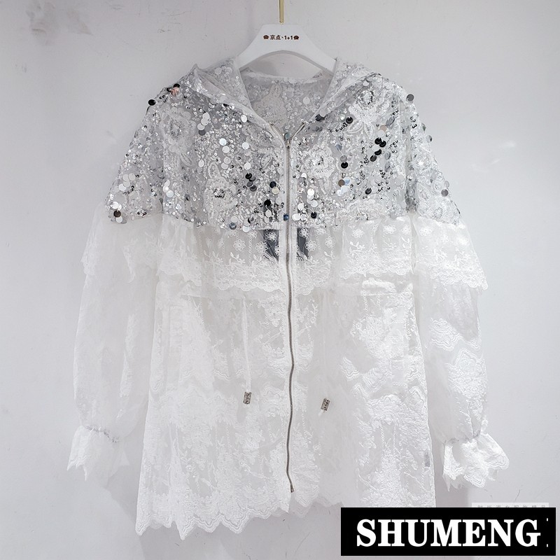 

Streetwear Lace Jacket for Women Summer New Fashion Sequin Stitching Lace Mid-Length Sunscreen Hooded Jacket Coat, White