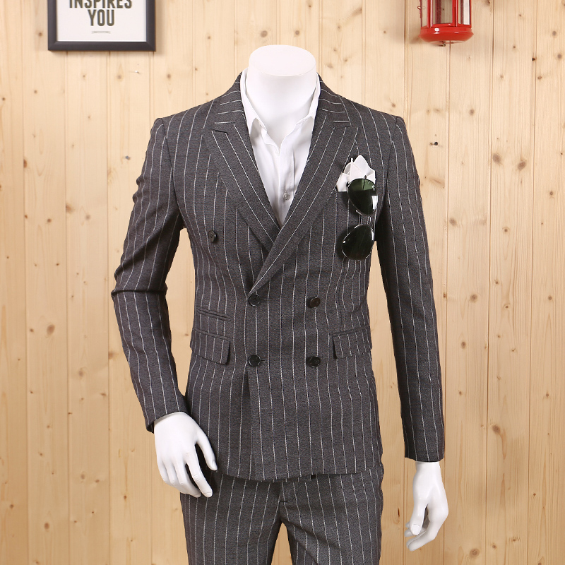 

Men Clothing 2020 Autumn Winter Men Stripe Double Breasted Korean Style Slim Gentlemen Casual Blazers Man Fashion High Quality, Grey