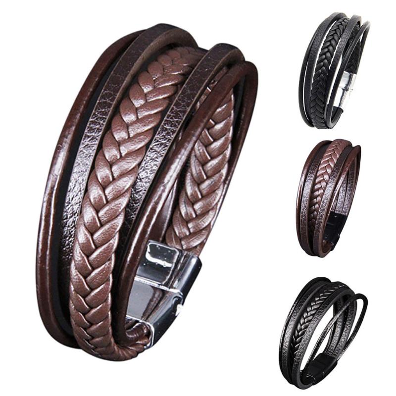 

Men's New Trend Hand Woven Multilayer Leather Retro Alloy Magnetic Buckle Bangle Men Jewellery Pulsera Hombre Bracelet Gifts