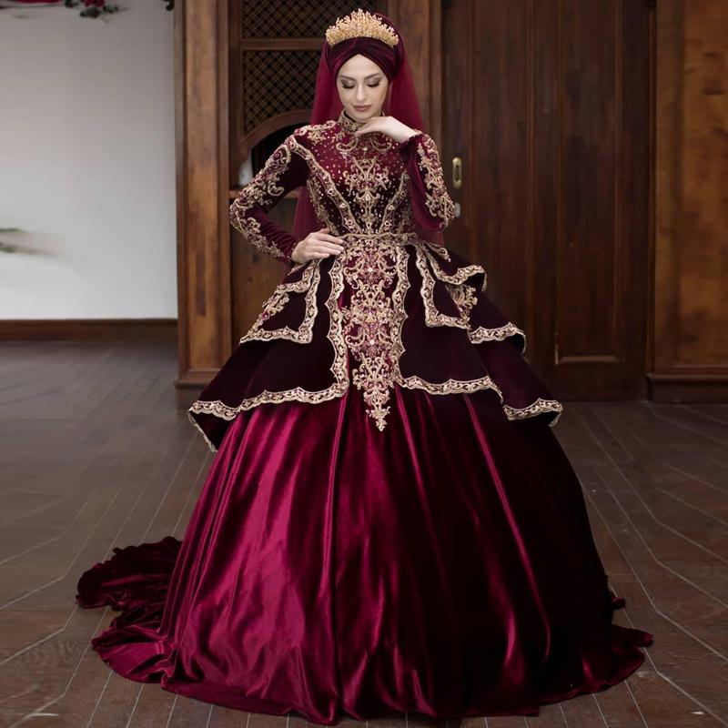 

Luxurious Burgundy Ball Gown Muslim Wedding Dresses High Collar Full Sleeve Lace Appliques Velvet Arabic Dubai Bridal Gowns, Gold