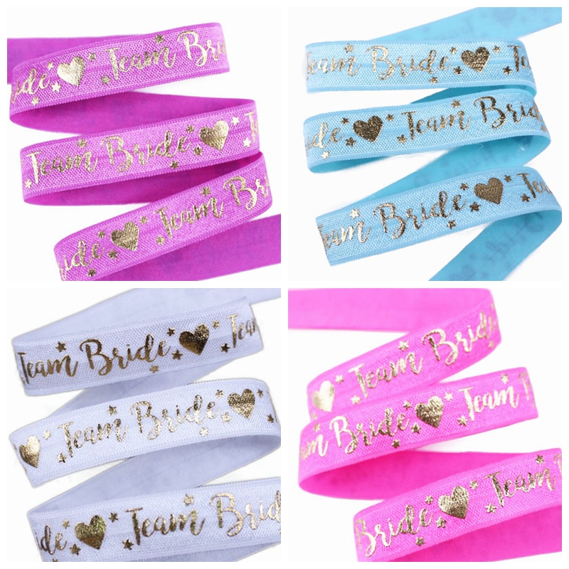 

5/8" Gold foil Team Bride text heart star pattern FOE fold over elastic for wedding accessories welcome custom printed, 159