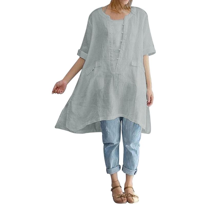 High Quality Women Plus Size Irregular Fashion Loose Linen Short Sleeved Shirt Vintage Blouse Blusas Femininas Elegante