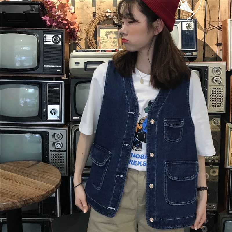 

Women's Spring and Autumn Denim Waistcoat Loose-Fit V-neck Tooling Retro Sleeveless Jacket, Blue
