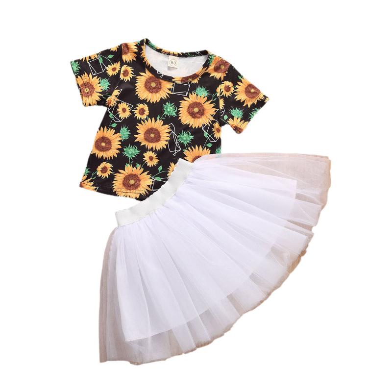 

Toddler Kids Girls Dress Outfits Sunflower Short Sleeve Top + Gauze Skirt NEW Summer Casual Princess Beach Holiday Clothes, Yellow