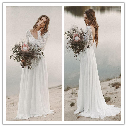 

Beach Country Wedding Dresses 2019 A-line Chiffon Lace Top V-Neck With Long Sleeves Backless Draped Bridal Gown Illusion Bodice, Same as image