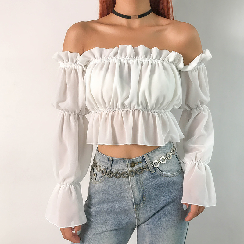 

White Elegant Off Shoulder Ruffle Crop Blouses Shirts Women Summer Linen Puff Sleeve Chiffon Loose Sweet Backless Blusa