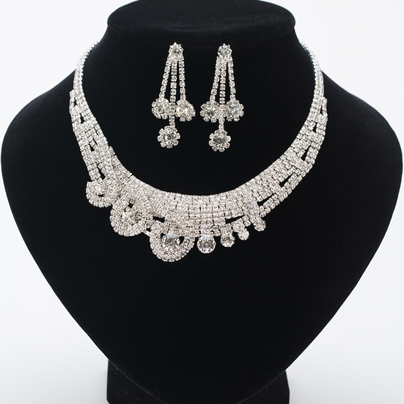 

YFJEWE Wedding Dress Wedding Accessories Jewelry Femme New Fashion Rhinestone Bride Chain Necklace Earrings sets for Women N081, As pic