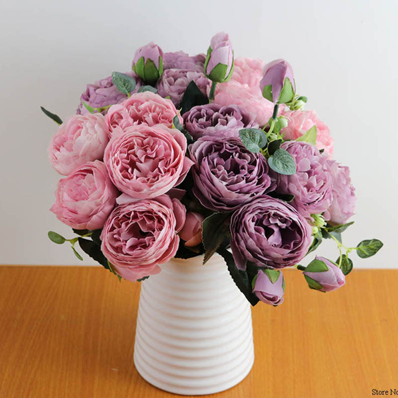 

30cm Rose Pink Silk Peony Artificial Flowers Bouquet 5 Big Head and 4 Bud Cheap Fake Flowers for Home Wedding Decoration indoor