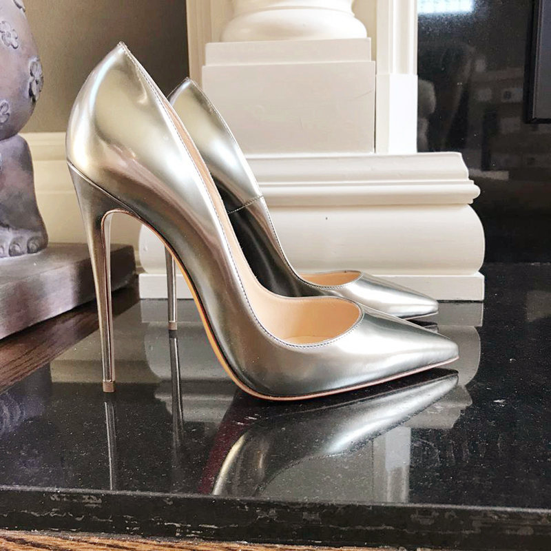 2020 summer new style fashion women pumps silver patent leather spikes stiletto pointy toe heels pumps sexy lady 12cm 10cm big size 44