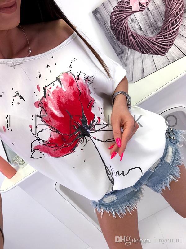 

2020 Women Short Sleeve T-Shirt Casual Floral Print ladies Loose Top Shirt Tee fashion female Print Short Sleeve top, 4#