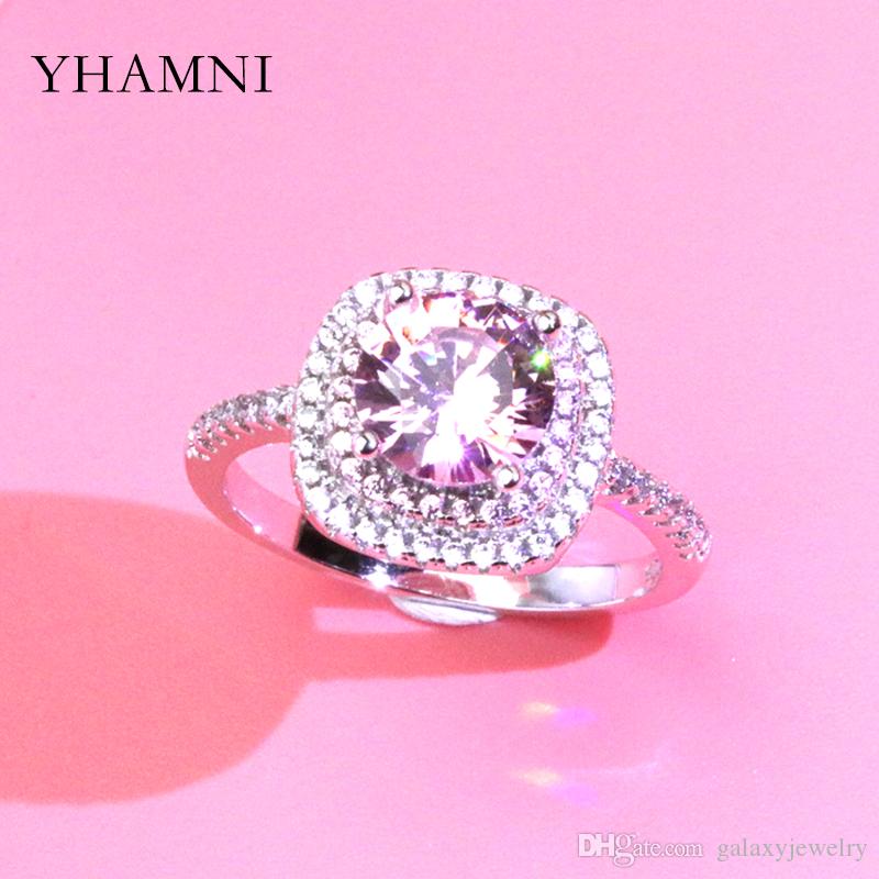 

YHAMNI Fashion Round Pink CZ Stone 925 Sterling Silver Ring For Women Luxury Wedding Ring Fine Jewelery Box XJZ3335