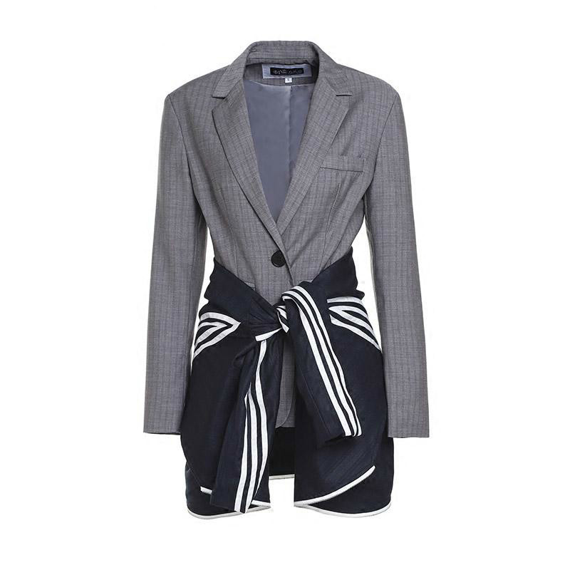 

EWQ] Long Sleeve Fake Two-piece Gray Stripe Modern Lady Blazer High-quality Stitching Trend Coat Feminino 2019 Autumn New JE982