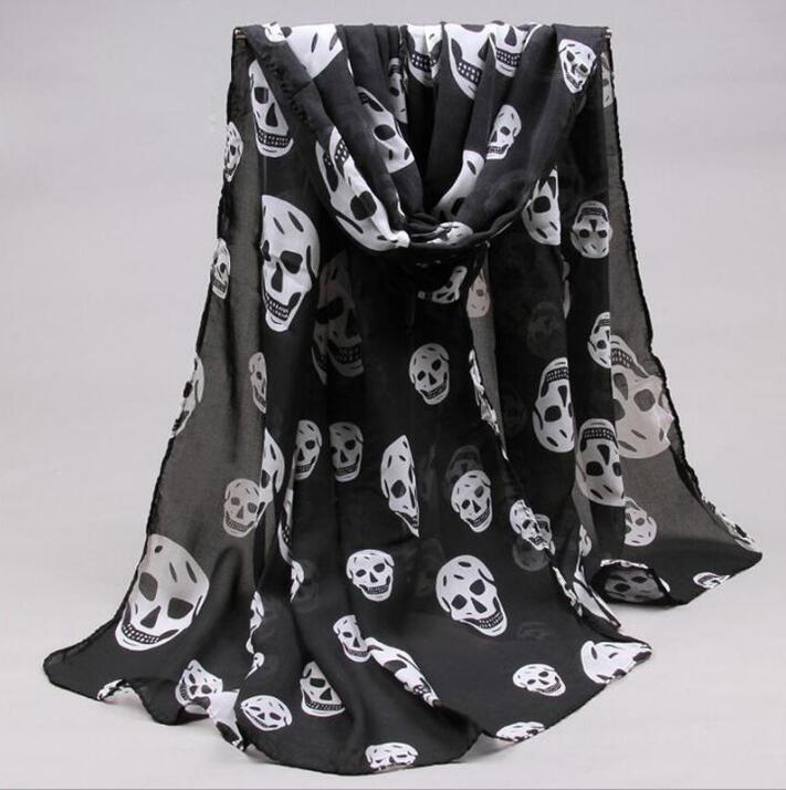 

Summer Beach Long Shawl Fahion Skull Print Chiffon Silk Scarf Mulim Hijab For Man Women Soft Thin 65*160cm GD304