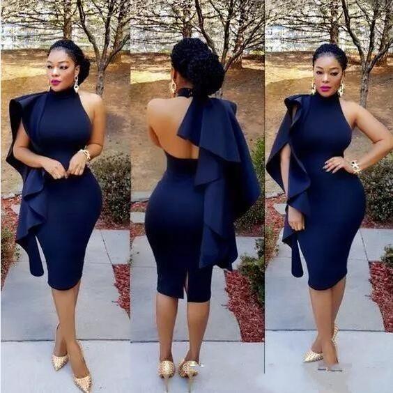 

New Cheap Navy Blue Cocktail Dresses High Neck Ruffle Split Open Back Knee Length Crystal Short Sheath Celebrity Prom Party Homecoming Gowns