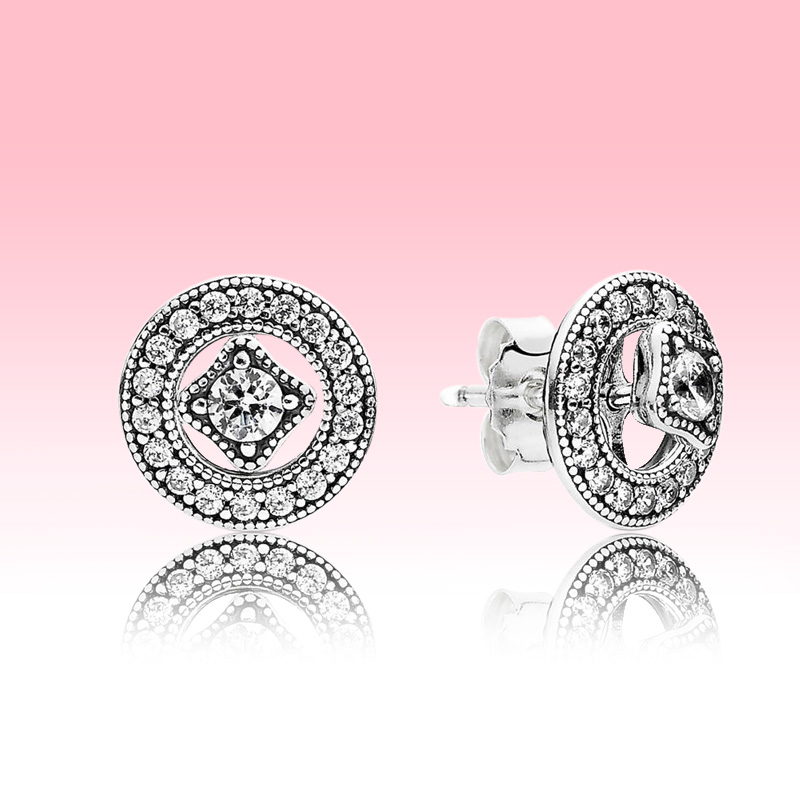 Vintage Circle Stud Earrings Women Wedding Gift jewelry with Original box set for Pandora 925 Silver Earring
