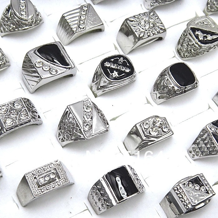 

Hot Selling 10pcs Czech Rhinestones Enamel Silver Plated Mens Rings Wholesale Fashion Jewelry
