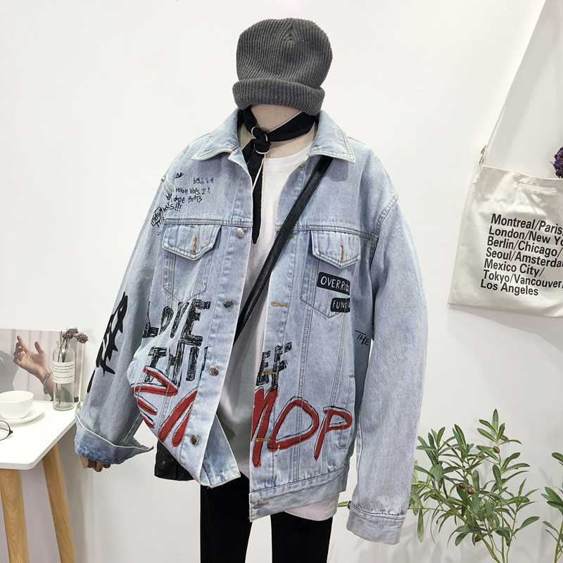 

New Autumn Harajuku Graffiti Letters Print Washed Black Jeans jacket Hip-hop style Loose Oversized Couple Jean jacket Streetwear
