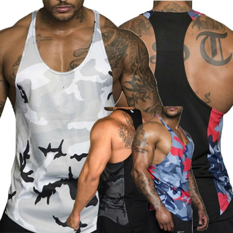 

Men Multicolor Army Camouflage Muscle Gym Bodybuilding T-shirt Tank Top Vest New, White;black