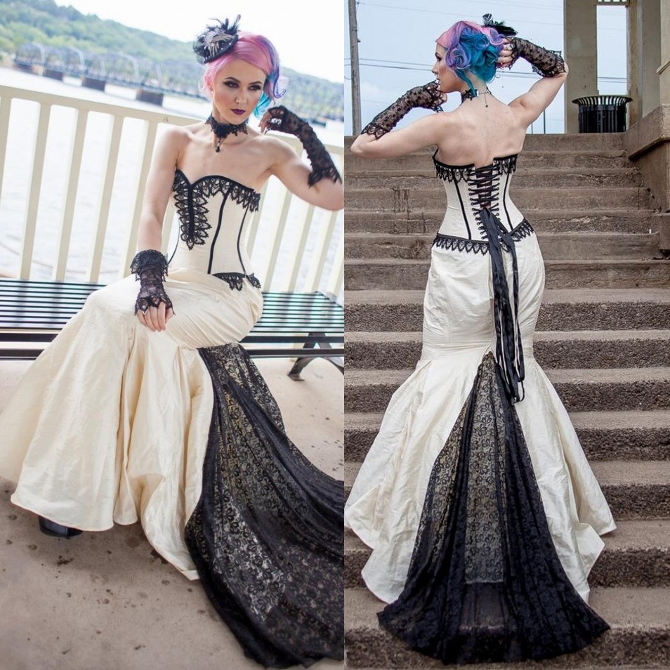 

Unique Mermaid Gothic Wedding Dresses Strapless Neck Lace Appliqued Bridal Gowns Plus Size Corset Taffeta Sweep Train robes de mariée, Red