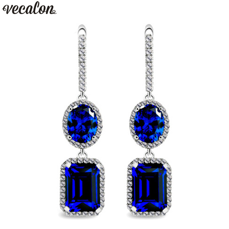 Vecalon Royal lady boucles d'oreilles pendantes bleu 5A Zircon Cz or blanc rempli anniversaire mariage boucles d'oreilles pour femmes cadeau