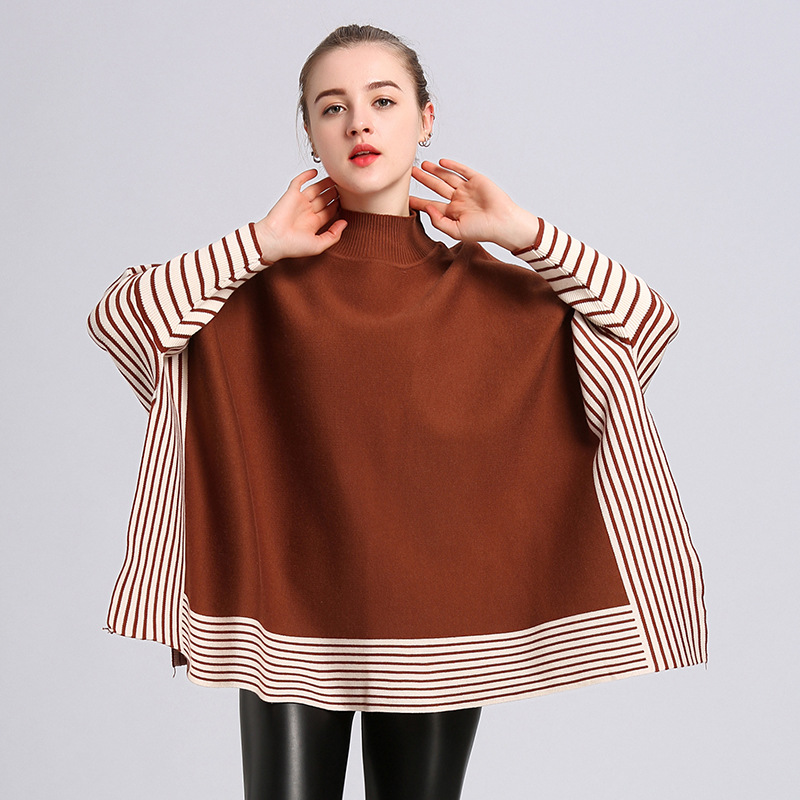 

FOLOBE Women Ponchos And Capes Sweaters Spring Casual Pullover Shawl Female Black Batwing Sleeve Stripes Loose Poncho Cloak, Brown