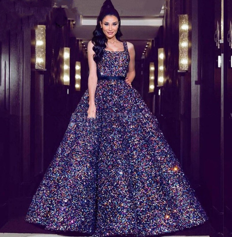 

Arabic Sparkly Sequin Ball Gown Prom Dresses 2020 Dubai Square Spaghetti Straps Women Formal Evening Gown Vestido de quinceanera, Same as picture
