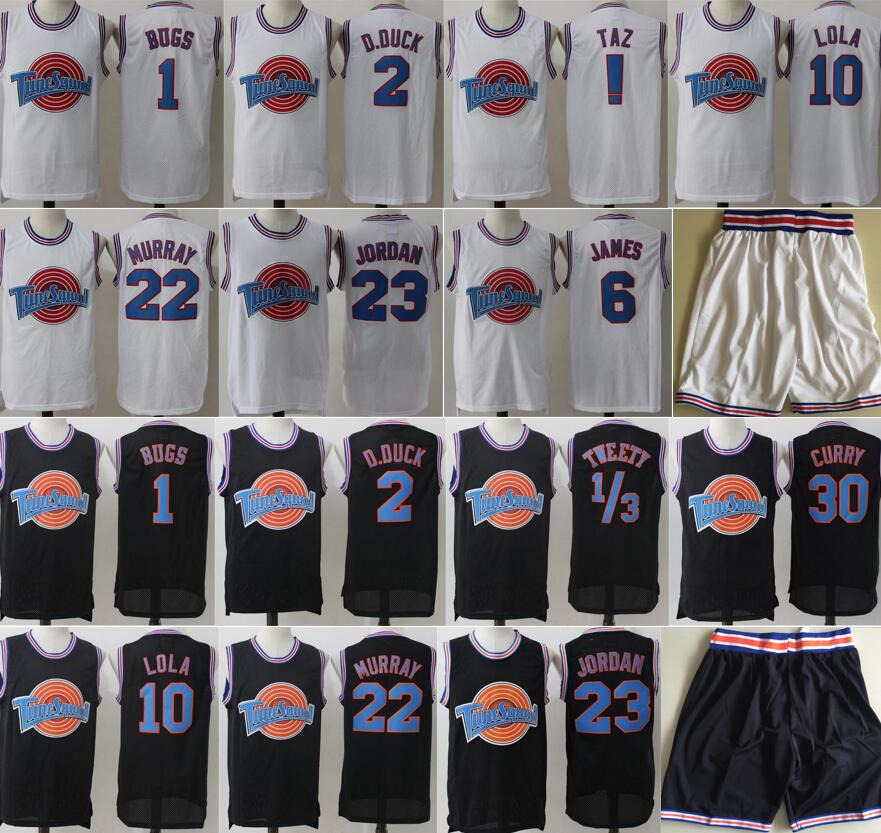 

Space Jam Jersey Movie Tune Squad Looney Daffy Duck Bill Murray Lola Bugs Bunny TAZ Tweety Michael James Curry Basketball Shorts Black White, White short only