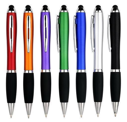 

Free 1 color custom Logo name text information Printing click retractable plastic ball pen stylus touch ballpoint pen with soft rubber grip, Blue;orange