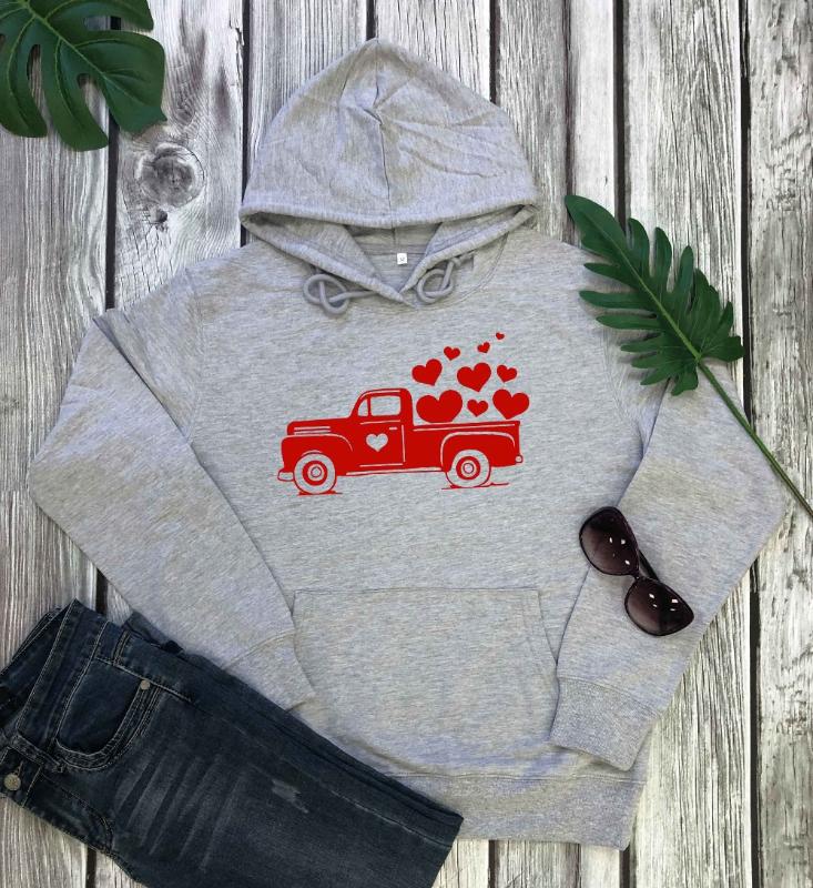 

Valentines vintage Truck hoodie heart graphic women fashion casual pure cotton tumblr young hipster warmer lover cute top- L204, Black
