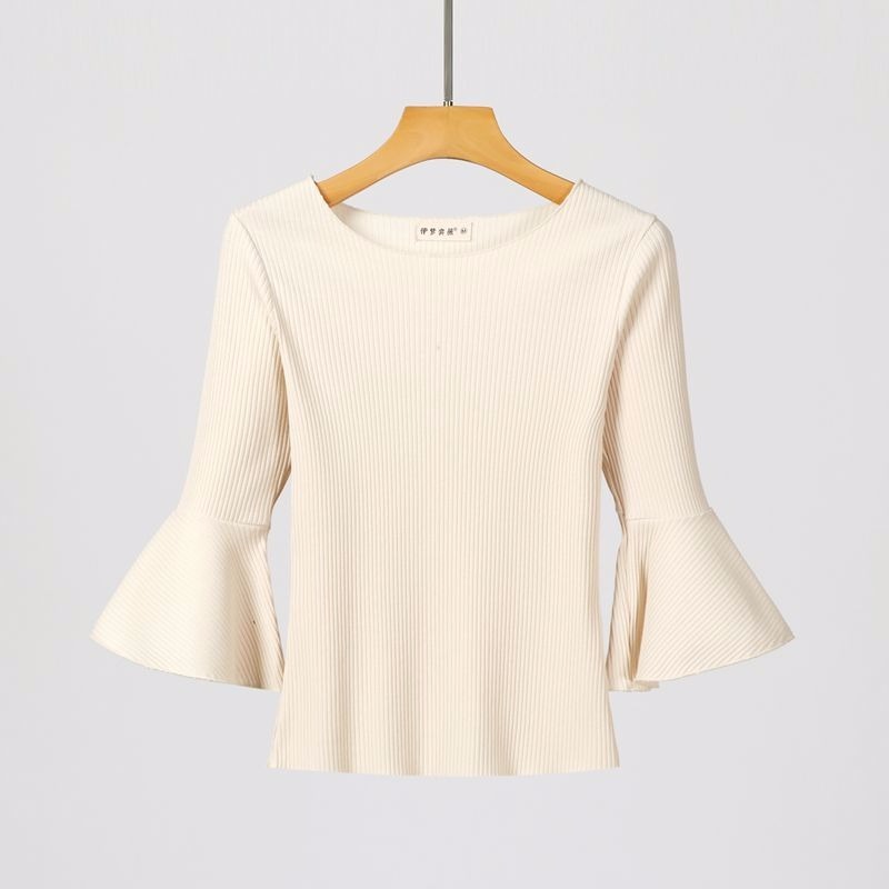 

Trumpet Sleeve Slim Stretch Knitted Sweater Women Fashion Seven-Quarter Sleeve Round Collar Solid Base Sweater Pullover Female, Black