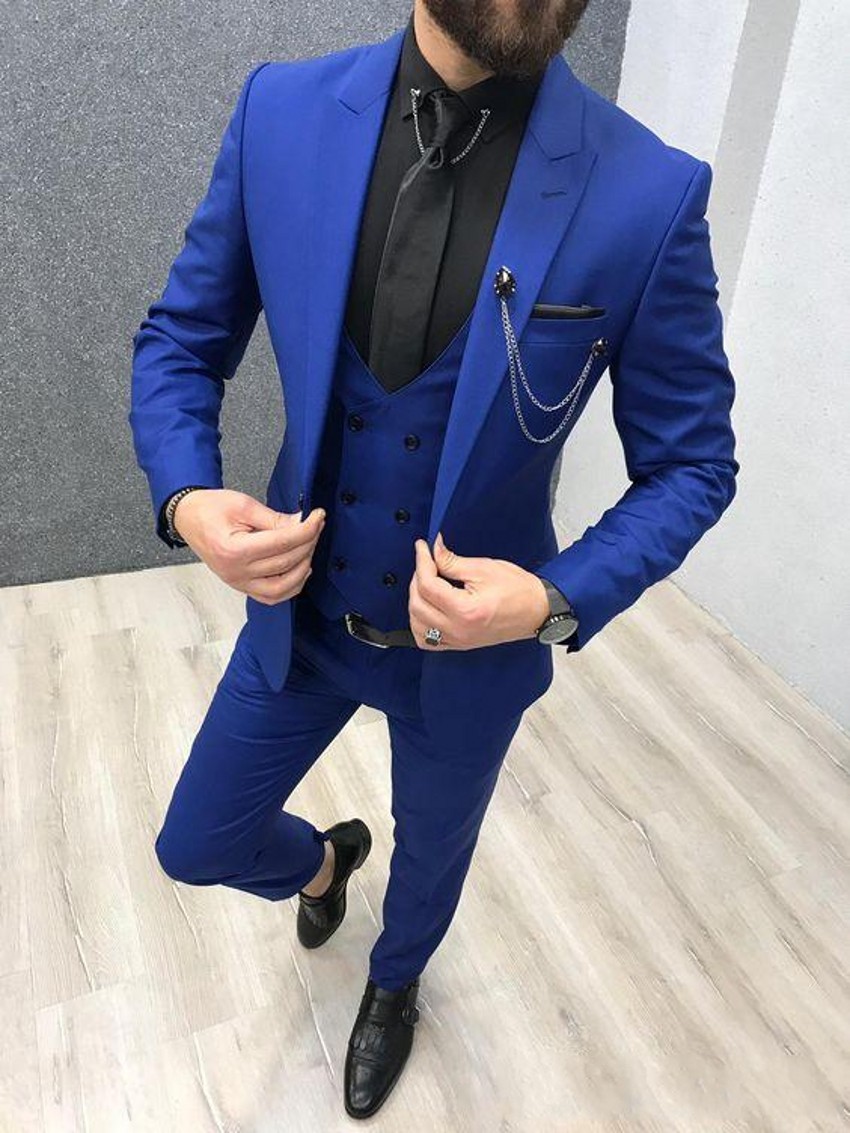 

Fashion Royal Blue Groom Tuxedos Peak Lapel Groomsmen Mens Wedding Dress Excellent Man Jacket Blazer 3 Piece Suit(Jacket+Pants+Vest+Tie) 16, Same as image