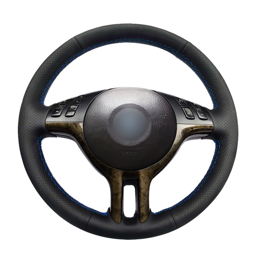 Hand-stitched Black PU Artificial Leather Steering Wheel Cover for BMW E39 E46 325i E53 X5-image-444320366