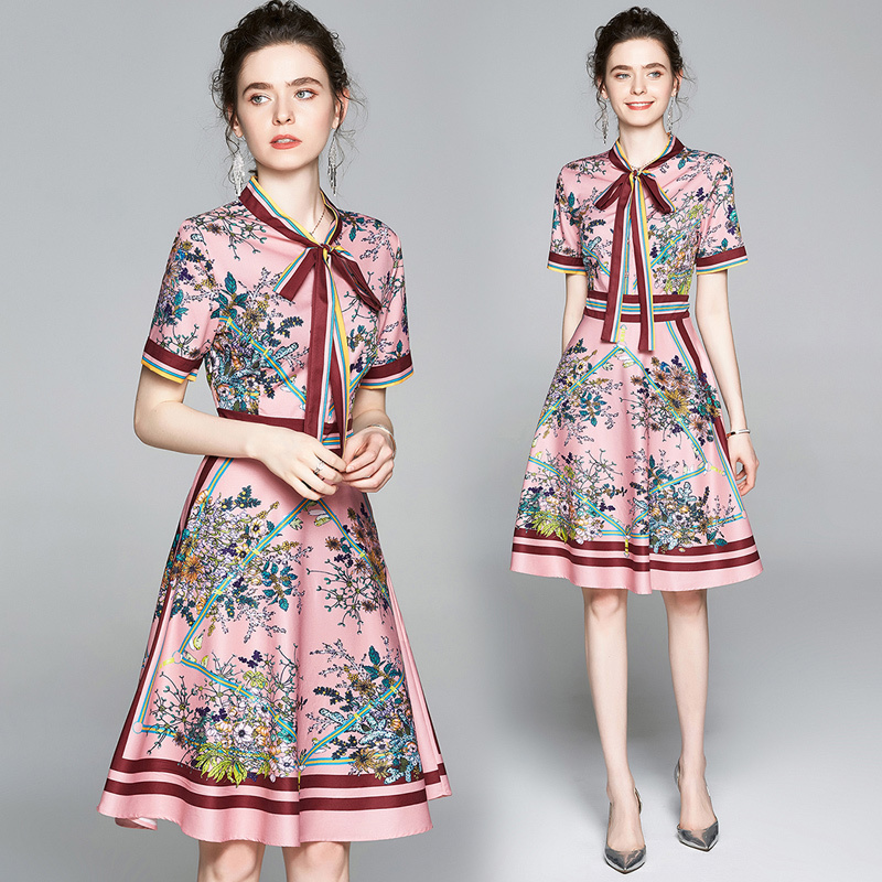 

New Stylish Summer Runway Vintage Floral Print Bow Tie Neck Short Sleeve Button Front Women Ladies Casual Party A-Line Midi Dress, Black;gray