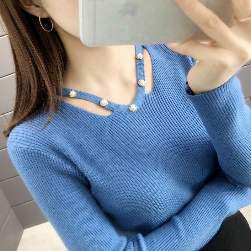 

2019 New High Quality Fall V neck beading Sweaters Women Long Sleeve Sweaters Winter Knitted Casual Pullovers Top, Beige