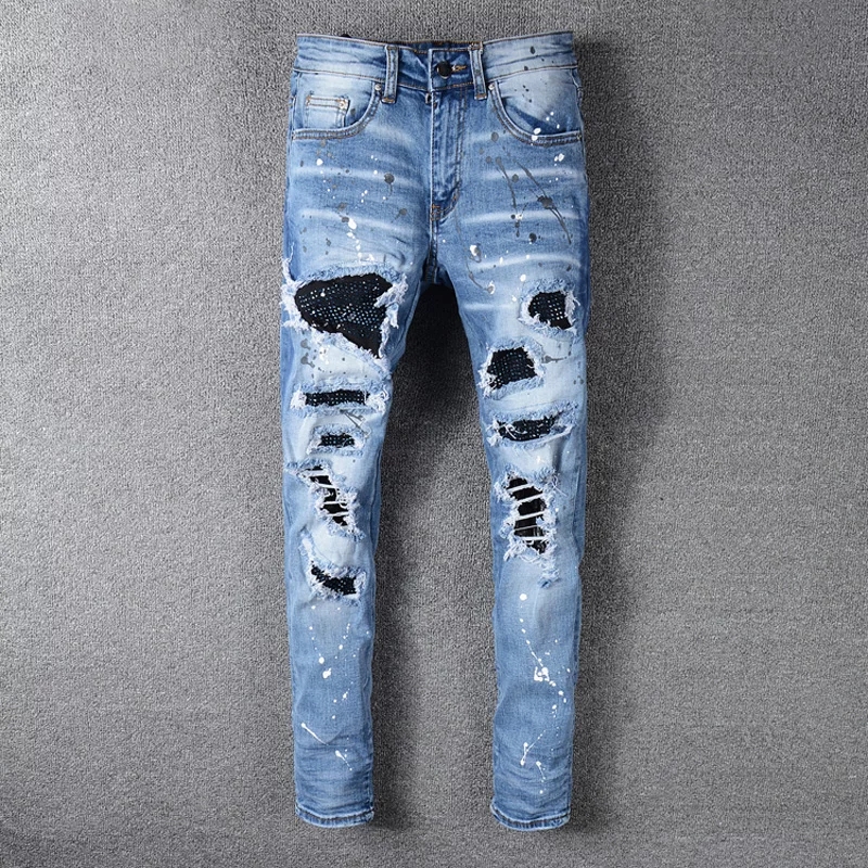 

Men Jeans Brand Blue Elastic Destroyed Ripped Biker Jeans Men Patches Broken Pants Hip Hop Skinny Homme 563