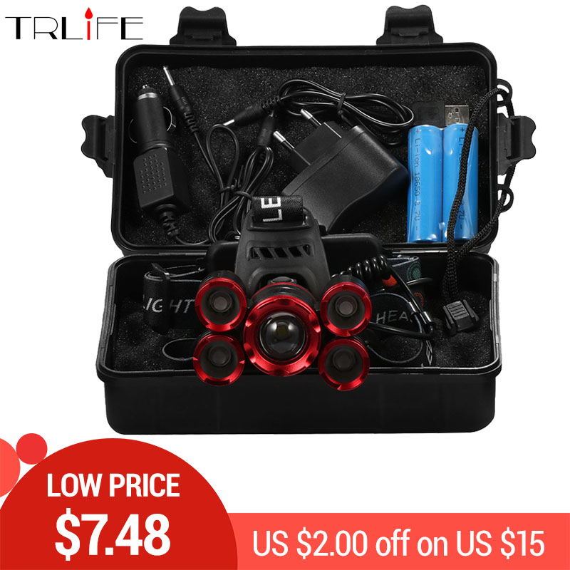 

5*T6 LED Headlight ZOOM Torch Camping Fishing Headlamp lantern Use 2*18650 battery /AC/Car/Usb/ charging