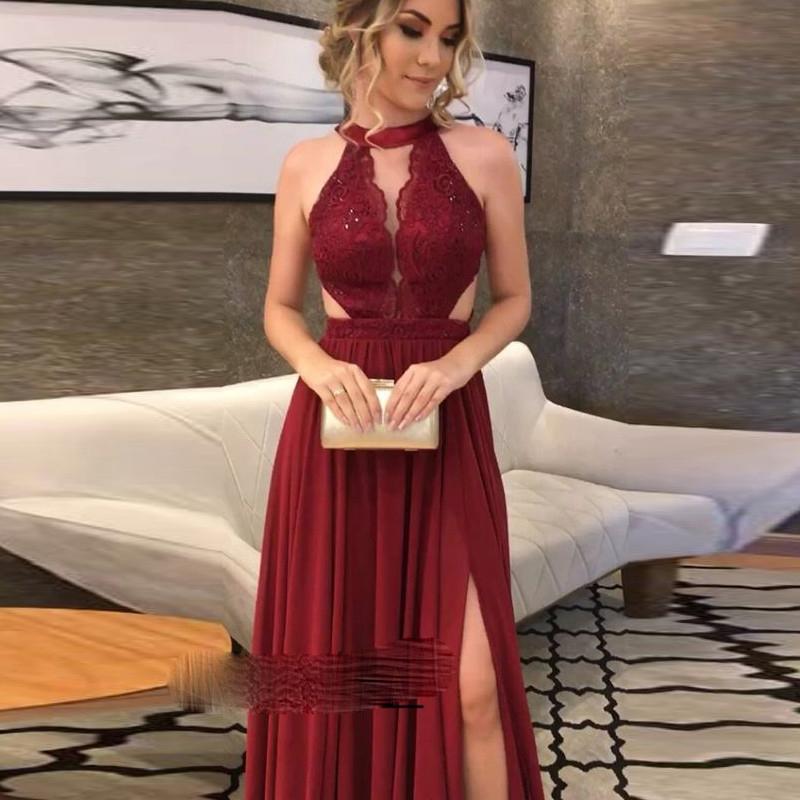 Setwell Halter A-ligne robes de soirée en dentelle sans manches en mousseline de soie plissée sexy appliques de Split longueur de plancher Prom P