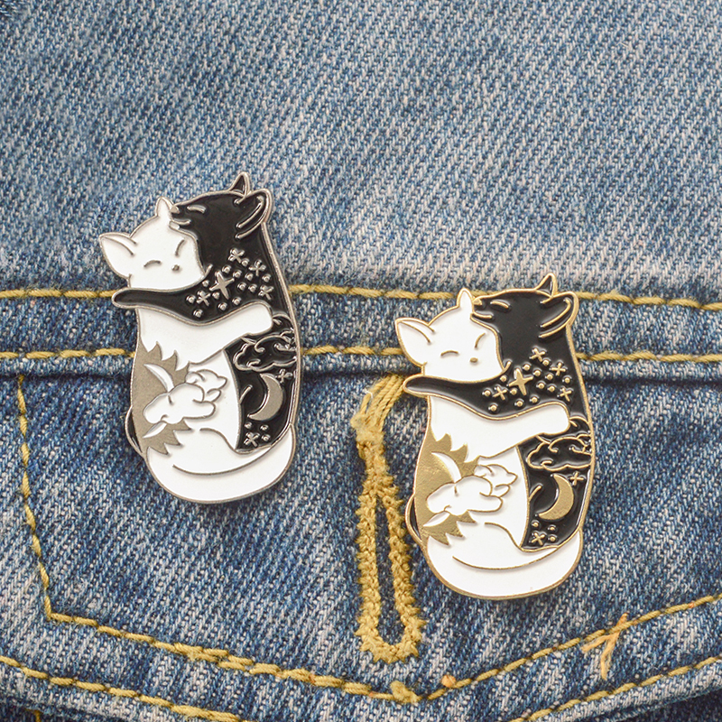 

Hugging cats enamel pin Black white day and night badge brooch Lapel pin Denim Jeans shirt bag Animal jewelry Gift for friend