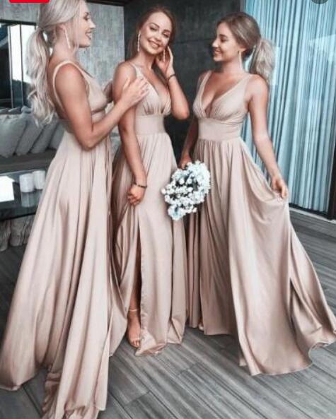 

V Neck Split Side Champagne Long Bridesmaid Dresses for Wedding Party, Blue