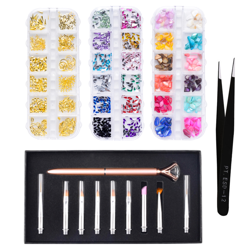 

Rose Gold Nail Painted Pen Manicure Tools Tweezers Rhinestones Diamond Set For Salon Nail DIY Mixed Pearl Metal Accessories