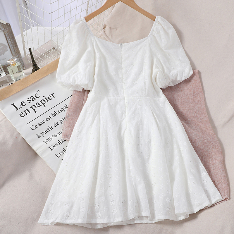 

LY VAREY LIN New Summer Solid Embroidery Hollow Out Slim Dress A Line Short sleeve High Waist Women Dress, Beige