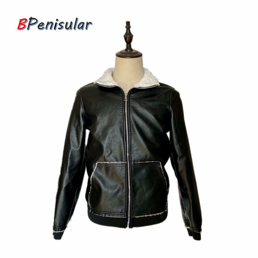 

Men Leather Jacket Korean Brand Fleece Lined Motorcycle Bomber Faux Leather Coats Male Outerwear Winter Jacket Mens Fur Coat, Black