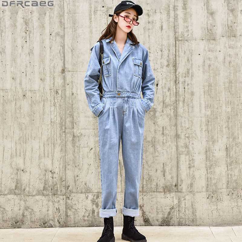 

Fashion Streetwear Jeans Jumpsuit For Women Loose Vintage Ladies Denim Overalls Elastic Waist Long Sleeve Blue Romper Trousers, Sky blue