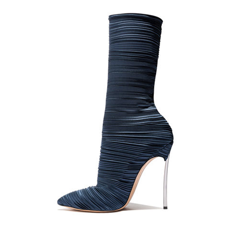 

autumn sexy stilettos high heels party shoes ladies slip on steels heels pointed toe mid-calf satin booties, Black