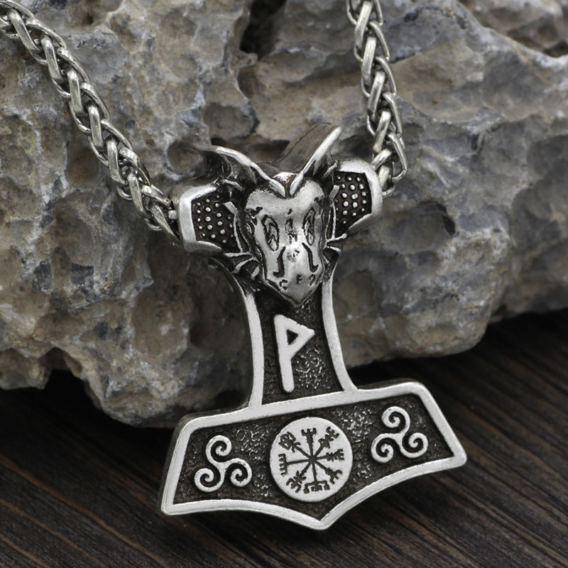 

Nordic Viking Hammer Men Pendant Necklace Wolf Head Metal Chain Necklace Ancient Silver Vikings Jewelry