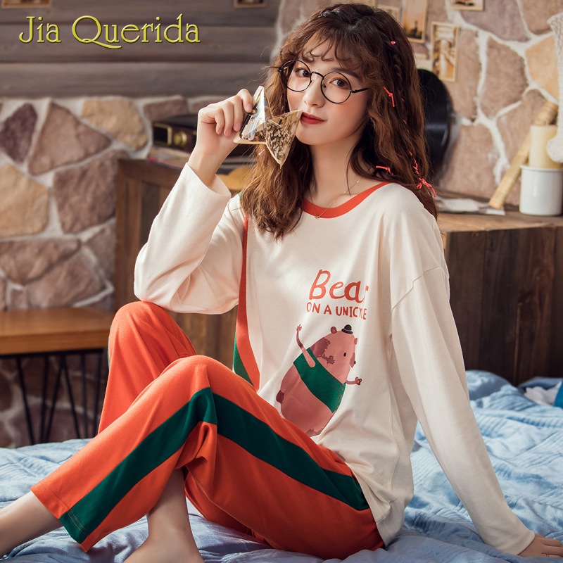 

New Pyjamas Set for Women Underwear Women O Collar Cotton Naughty Bear Orange Ong Sleeves Pants Autumn Spring Womens Loungewear, Beige